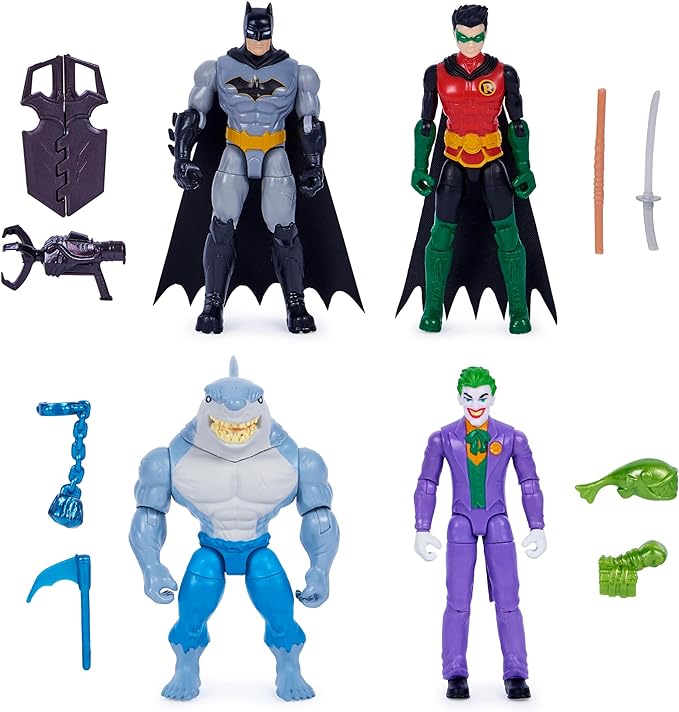 DC Comics, Batman and Robin vs. The Joker and King Shark, 4-inch Action Figures, Kids Toys for Boys and Girls Ages 3 and Up - Figurio