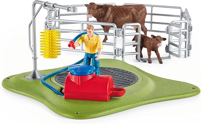 Schleich Farm World, Farm Animal Toys for Kids, Happy Cow Wash with Cow Toys and Working Wash Area 16-Piece Set, Ages 3+ - Figurio