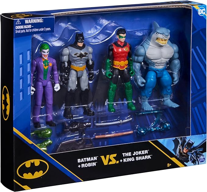 DC Comics, Batman and Robin vs. The Joker and King Shark, 4-inch Action Figures, Kids Toys for Boys and Girls Ages 3 and Up - Figurio