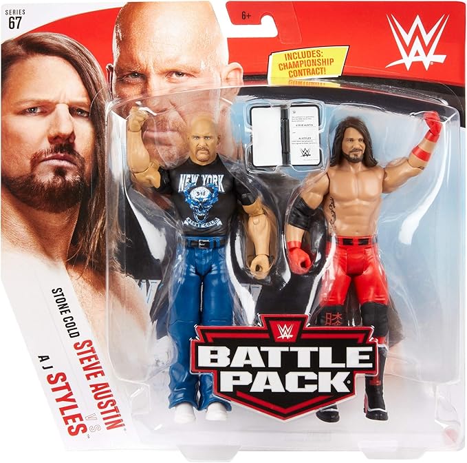 WWE MATTEL Stone Cold Steve Auston vs AJ Styles Battle Pack Series #67 with Two 6-inch Articulated Action Figures & Ring Gear - Figurio