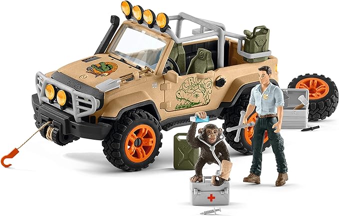 Schleich Wild Life Realistic Chimpanzee, Jeep Truck, and Ranger Figurine 16pc Playset - Wild Adventure Jeep Truck with Chimp, Ranger, and Accessories, Durable for Boys and Girls, Gift for Kids Ages 3+ - Figurio