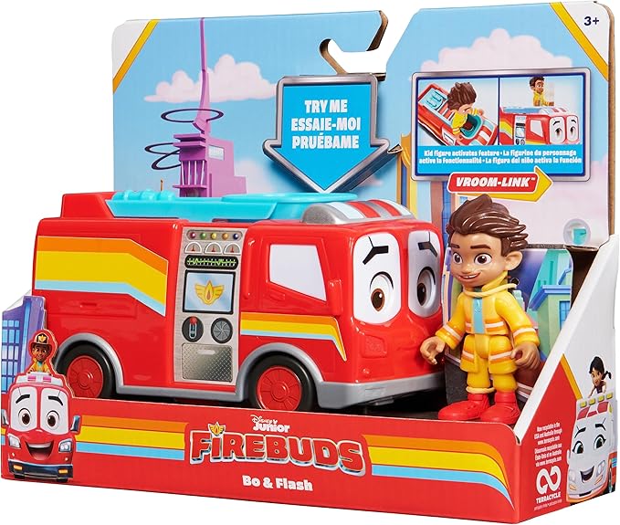 Disney Junior Firebuds, Bo and Flash, Action Figure and Fire Engine Vehicle with Interactive Eye Movement, Kids’ Toys for Boys and Girls Aged 3 and up - Figurio