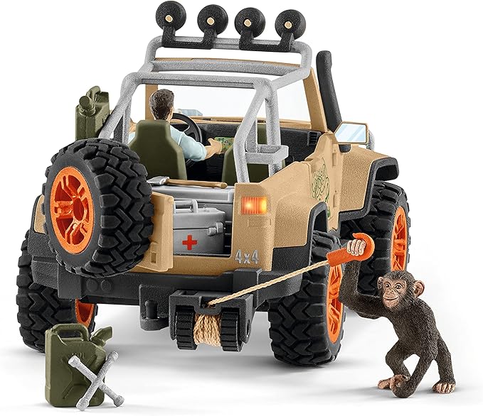 Schleich Wild Life Realistic Chimpanzee, Jeep Truck, and Ranger Figurine 16pc Playset - Wild Adventure Jeep Truck with Chimp, Ranger, and Accessories, Durable for Boys and Girls, Gift for Kids Ages 3+ - Figurio