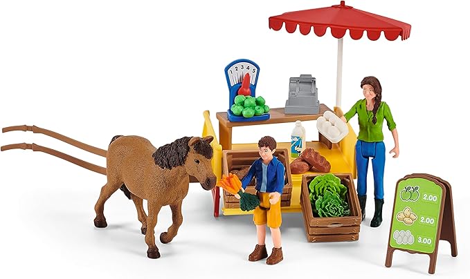 Schleich Farm World — Sunny Day Mobile Farm Stand Playset, Farm Play Set with Farmer Dolls, Horse and Mobile Produce Stand, Farm Animal Toys for Kids Ages 3+ - Figurio