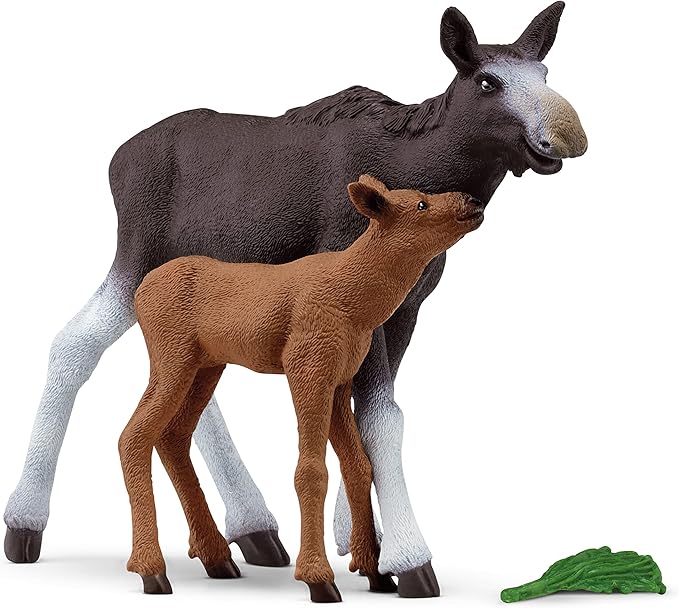 Schleich Wild Life Mother Moose and Calf Playset - North American Forest Animal Toys Playset with Realistic Natural Mother Moose and Baby Calf, Gift for Toddlers, Kids, Boys, and Girls Ages 3 and Up - Figurio