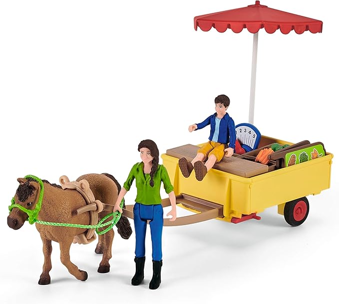 Schleich Farm World — Sunny Day Mobile Farm Stand Playset, Farm Play Set with Farmer Dolls, Horse and Mobile Produce Stand, Farm Animal Toys for Kids Ages 3+ - Figurio