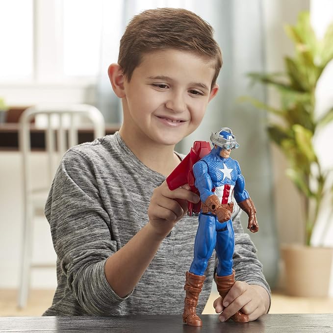 Avengers Marvel Titan Hero Series Blast Gear Captain America, 12-Inch Toy, with Launcher, 2 Accessories and Projectile, Ages 4 and Up , Blue - Figurio