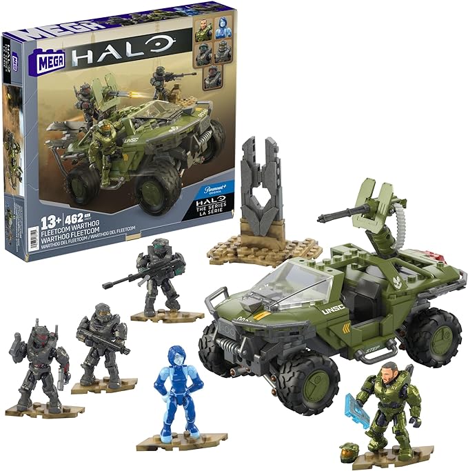 Mega Halo The Series Vehicle Building Toys Set, FLEETCOM Warthog ATV with 469 Pieces, 5 Micro Action Figures, Poseable Articulation, Kids and Fans - Figurio