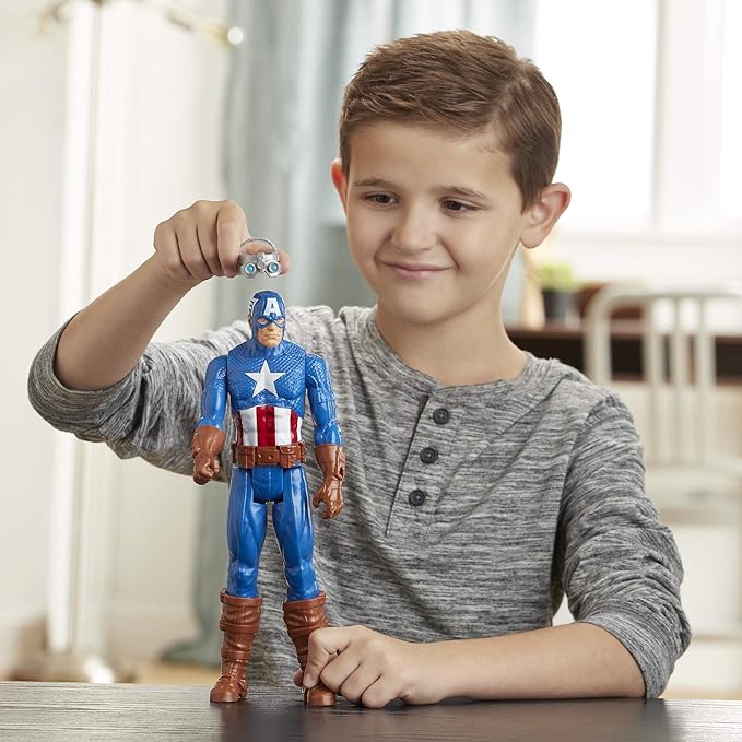 Avengers Marvel Titan Hero Series Blast Gear Captain America, 12-Inch Toy, with Launcher, 2 Accessories and Projectile, Ages 4 and Up , Blue - Figurio