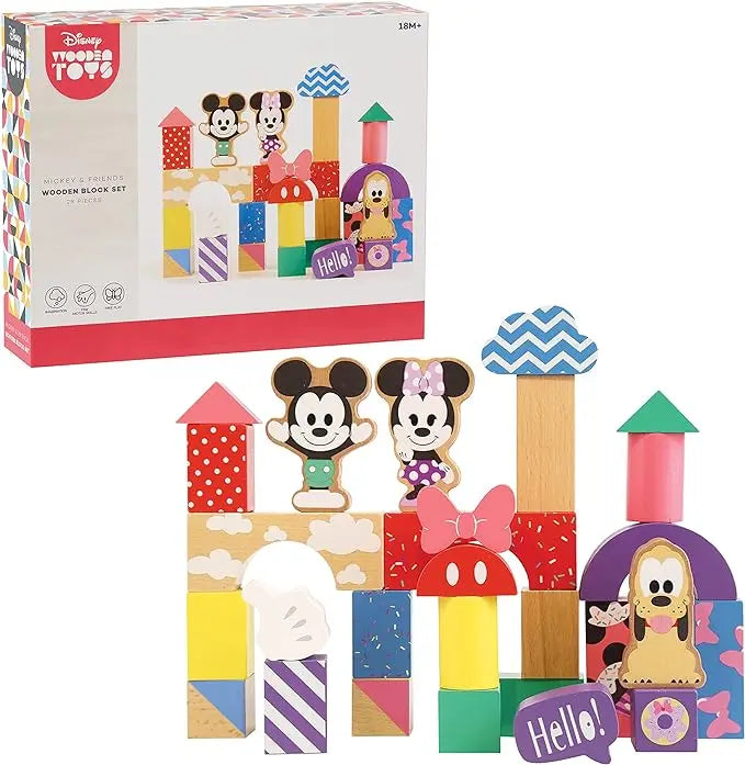 Just Play Disney Wooden Toys Mickey Mouse & Friends Block Set, 28-Piece Set Includes Mickey Mouse, Minnie Mouse, and Pluto, Kids Toys for Ages 18 Month - Figurio