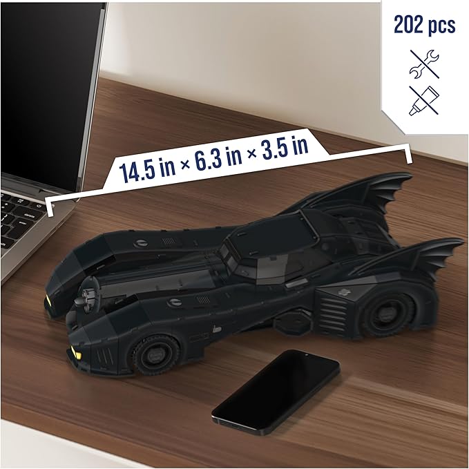 DC Batman Retro Batmobile 3D Puzzle Model Kit with Stand 202 Pcs, Batman Toys Desk Décor, Building Toys, 3D Puzzles for Adults & Teens 12+ - Figurio