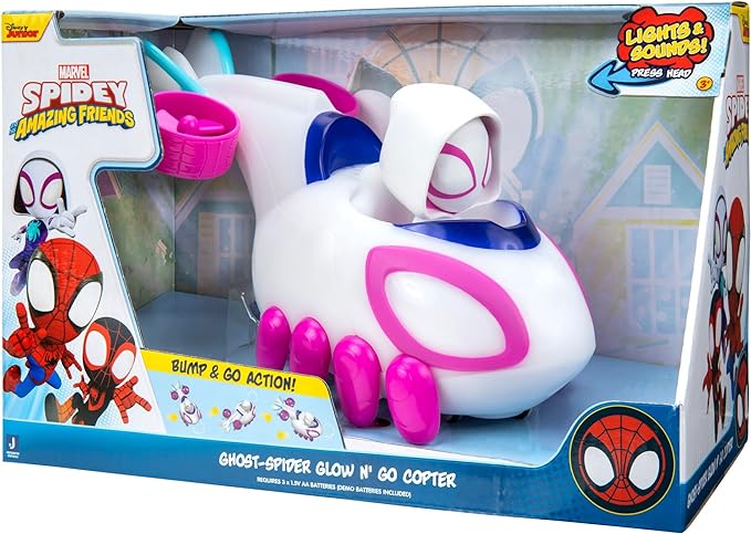 Marvel Spidey and His Amazing Friends - Ghost-Spider Glow N’ Go Copter Feature Vehicle, 8-Inch - Lights Show Effect, Sounds, Built-in Super Hero, Manual Propellers - Figurio