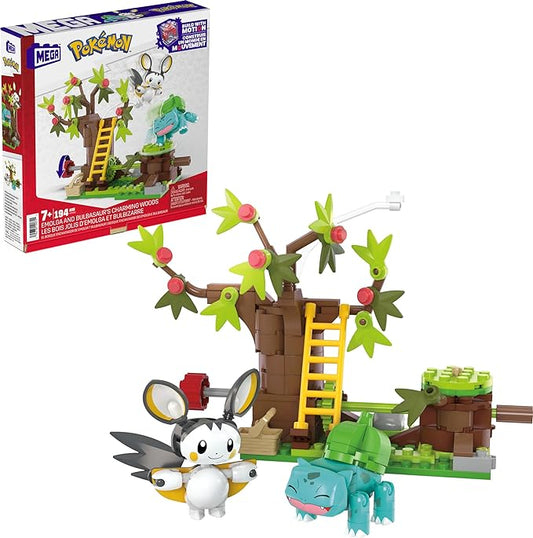 Mega Pokémon Building Toys Set Emolga and Bulbasaur’s Charming Woods with 194 Pieces, 2 Poseable Characters and Motion, for Kids - Figurio