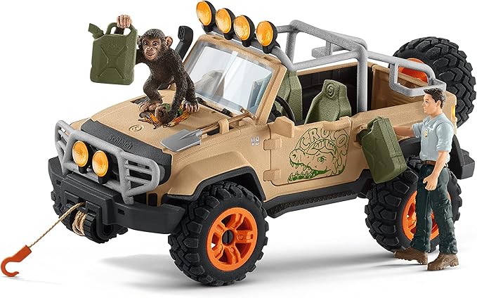 Schleich Wild Life Realistic Chimpanzee, Jeep Truck, and Ranger Figurine 16pc Playset - Wild Adventure Jeep Truck with Chimp, Ranger, and Accessories, Durable for Boys and Girls, Gift for Kids Ages 3+ - Figurio