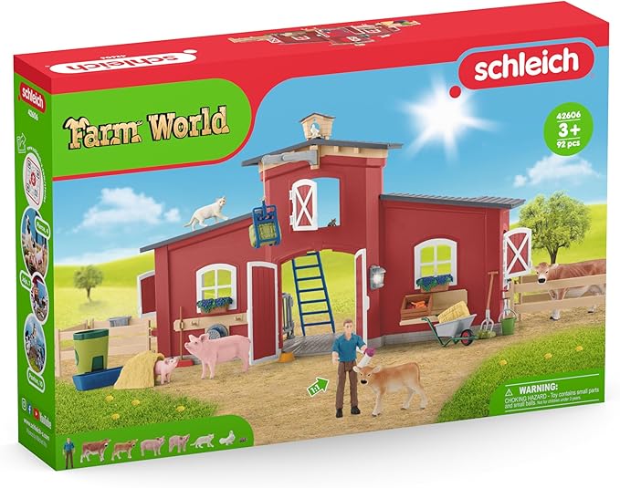 Schleich Farm World Animal Farm Playset with Figurine and Accessories - 92pc Kids Animal Farm Playset with Cow, Horse, Pig, Bull, and Accessories for Boys and Girls, Gift for Kids Age 3+, Red - Figurio