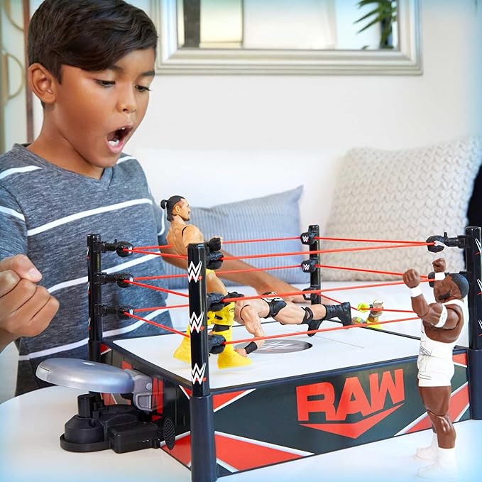 Mattel WWE Kickout Ring Wrekkin Playset with Randomized Ring Count, Springboard Launcher, Crane, Mattel WWE Championship & Accessories, 13-Inch x 20-Inch Ring - Figurio