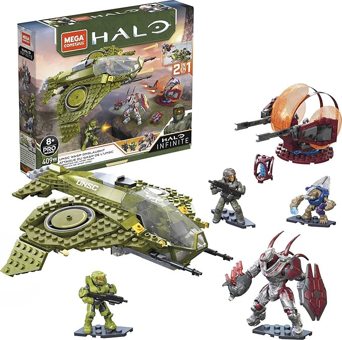 MEGA Halo Infinite Toy Building Set, UNSC Wasp Onslaught Aircraft with 406 Pieces, 4 Poseable Action Figures and Accessories, for Collectors - Figurio