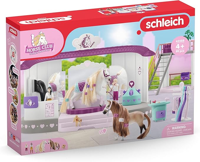 Schleich Horse Club Sofia's Beauties Horse Beauty Salon Stable with Brushing Accessories and Figurines Playset - 99-Piece Horse Beauty Salon Toy for Grooming and Brushing, Gift for Kids Age 4+ - Figurio