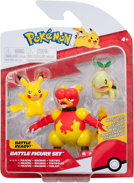 Pokémon BATTLE FIGURE 3 PACK - Features 2-Inch Turtwig, Pikachu and 3-Inch Magmar Battle Figures (PKW2681) - Figurio