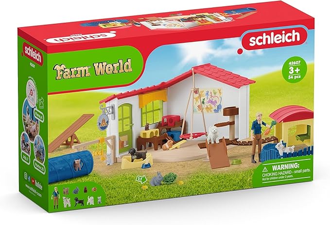 Schleich Farm World Baby Pet Animal Play Hotel with Caretaker Figurine - Large 54-Piece Playset with Dog, Cat, Bunny, Plus Accessories and More, Imagination for Boys and Girls, Gift for Kids Age 3+ - Figurio