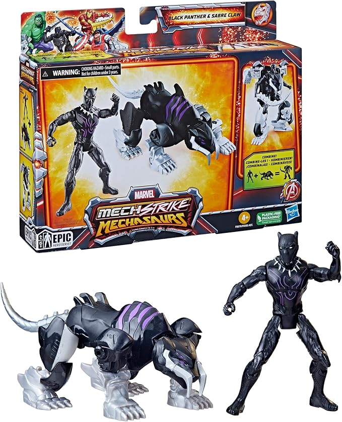 Marvel Mech Strike Mechasaurs, 4-Inch Black Panther with Sabre Claw Action Figures, Super Hero Toys for Kids Ages 4 and Up - Figurio