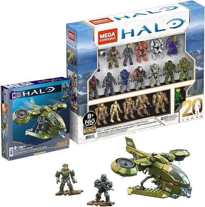 Bundle of MEGA Halo Action Figures Toy Building Set, 20Th Anniversary Pack With 352 Pieces + MEGA Halo Toys Vehicle Building Set, UNSC Hornet Recon Aircraft with 291 Pieces - Figurio