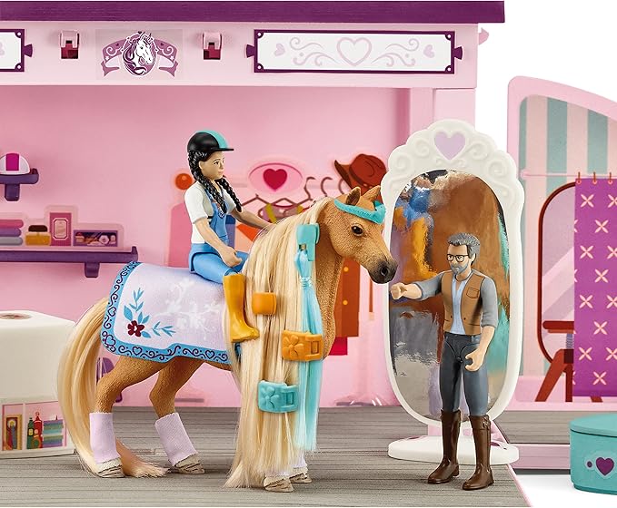 Schleich Horse Club Sofia's Beauties Horse Pop-Up Boutique with Hair Brushing Accessories and Figurines - 25-Piece Brushable Hair Pop-up Horse Salon Boutique For Grooming Horses, Gift for Kids Ages 4+ - Figurio