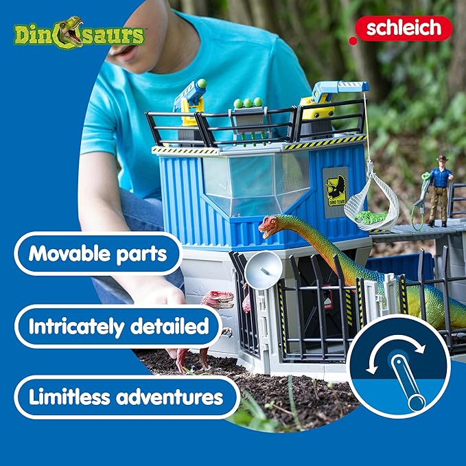 Schleich Dinosaur Toys Science Playset - 33-Piece Set Research Station with Brachiosaurus, Velociraptor, Men Scientist Action Figures, and Dart Cannon, Kids Figurines for Ages 4 and Above - Figurio