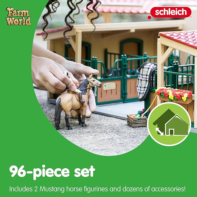 Schleich Horse Barn and Stable Playset - Award-Winning Riding Center 96 Piece Set, 2 Pony Toys, Rider Figurine, and Farm Accessories, for Girls and Boys 3 Years Old and Above - Figurio