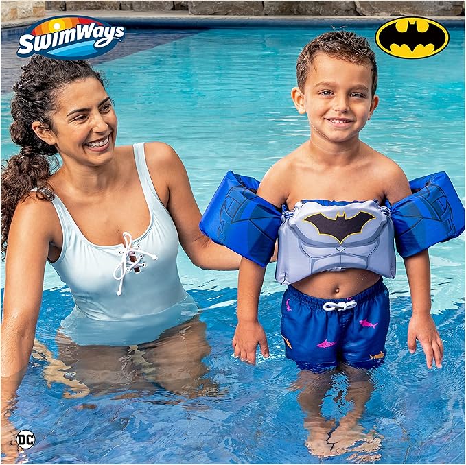 SwimWays DC Batman Swim Trainer, US Coast Guard Approved Life Vest Kids Swim Vest, Arm Floaties & Life Jackets for Kids 33-55 lbs, Batman - Figurio