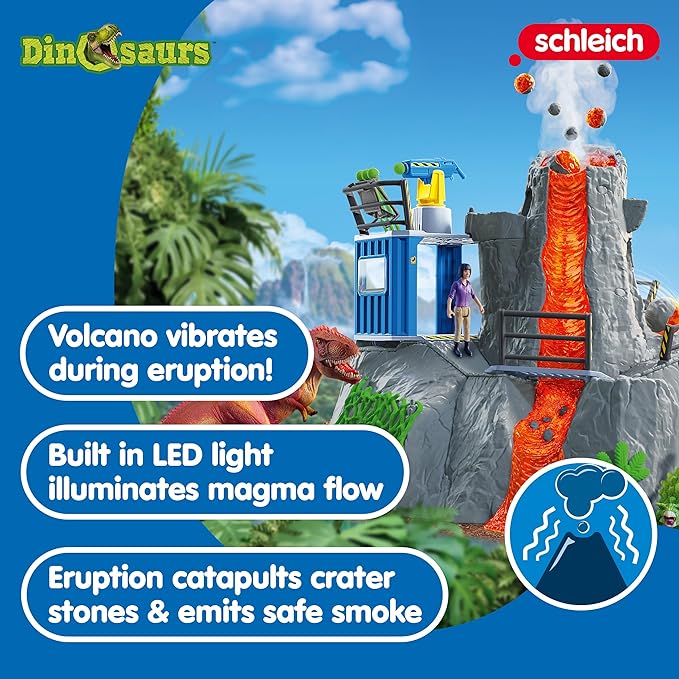 Schleich Dinosaurs - Volcano Expedition Base Camp, Dinosaur Playset Including LED Erupting Volcano, Researcher Figurines and 2 x Dinosaur Toys for Boys and Girls Ages 5-12 - Figurio