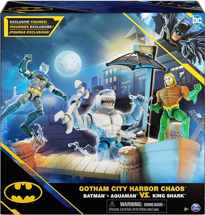 DC Comics, Gotham City Harbor Chaos Playset | 4-inch Batman, Aquaman, King Shark Action Figures | Kids Toys for Boys and Girls Ages 3 and Up (Amazon Exclusive) - Figurio