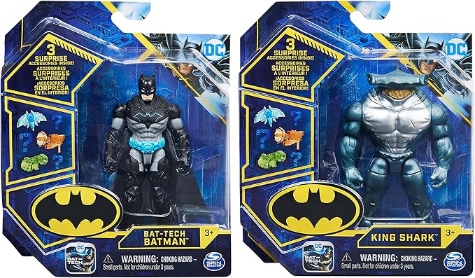 Batman 4-inch Bat-Tech Batman and King Shark Action Figures with 6 Mystery Accessories, for Kids Aged 3 and up - Figurio