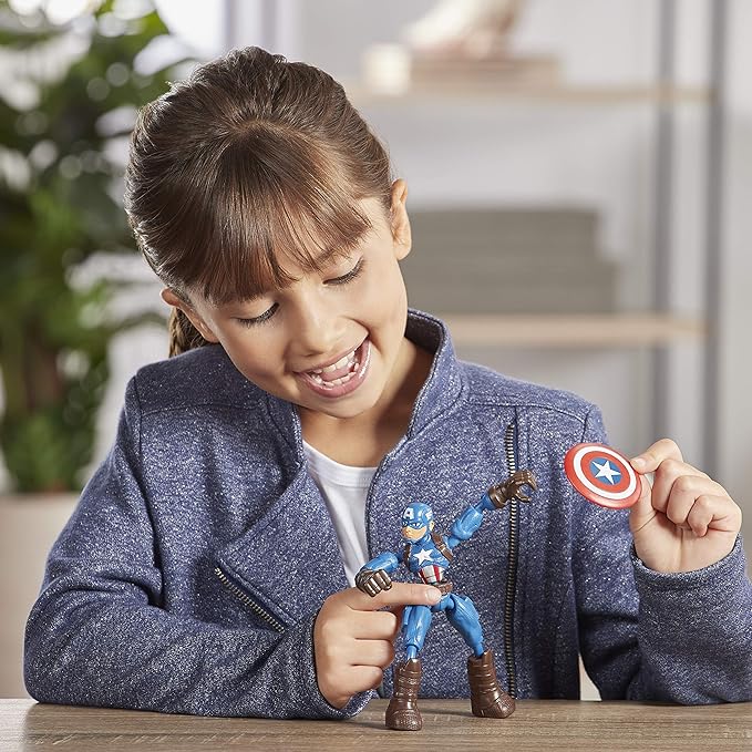 Avengers Marvel Bend and Flex Action Figure Toy, 6-Inch Flexible Captain America Figure, Includes Blast Accessory, for Kids Ages 4 and Up - Figurio