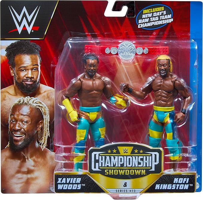 Mattel WWE Kofi Kingston & Xavier Woods Championship Showdown Action Figure 2-Pack with New Day's Raw Tag Team Championship, 6-inch - Figurio