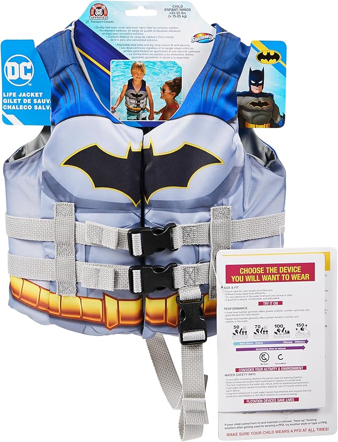 SwimWays DC Swim Trainer Life Jacket, US Coast Guard Approved Life Vest Kids Swim Vest, Pool Floats & Life Jackets for Kids 33-55 lbs, Batman - Figurio