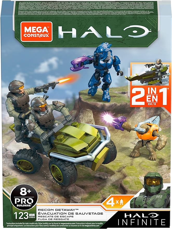 Mega Construx Halo Recon Getaway mongoose vehicle Halo Infinite Construction Set with UNSC Marine character figure, Building Toys for Kids - Figurio