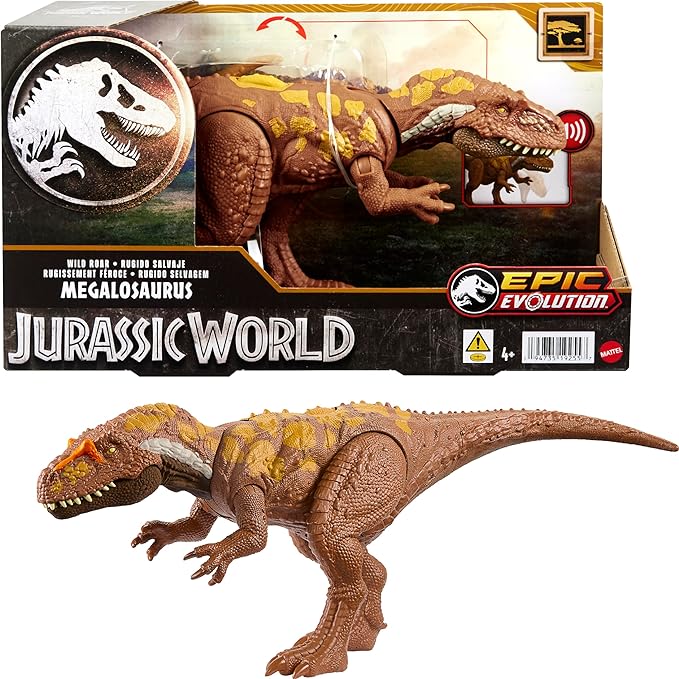 Jurassic World Wild Roar Megalosaurus Dinosaur Figure with Continuing Roar Sound & Attack Action, Posable Physical Toy & Digital Play - Figurio