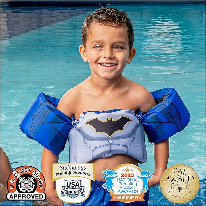 SwimWays DC Batman Swim Trainer, US Coast Guard Approved Life Vest Kids Swim Vest, Arm Floaties & Life Jackets for Kids 33-55 lbs, Batman - Figurio