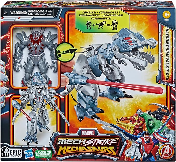 Marvel Mech Strike Mechasaurs, 4.5-Inch Ultron Primeval with T-R3X Mechasaur Action Figures, Super Hero Toys for Kids Ages 4 and Up - Figurio