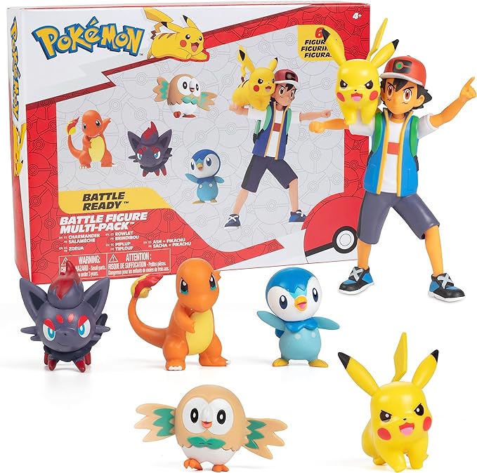 Pokémon Battle Ready! Figure Set, 6 Pieces - Includes 4.5" Ash & Launching Pikachu, 2" Charmander, 2” Rowlet, 2” Piplup, 2” Zorua - Officially Licensed - Toy Gift for Kids, Boys & Girls - Ages 4+ - Figurio