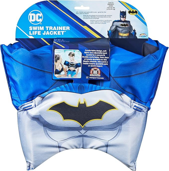 SwimWays DC Batman Swim Trainer, US Coast Guard Approved Life Vest Kids Swim Vest, Arm Floaties & Life Jackets for Kids 33-55 lbs, Batman - Figurio