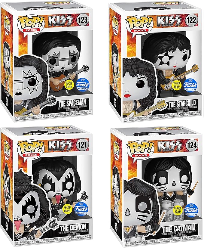 Funko POP! KISS: Band Set - Glow in The Dark Collectible Set - Online Exclusive - The Spaceman, The Starchild, The Demon, The Catman - Figurio