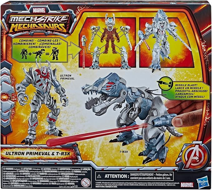 Marvel Mech Strike Mechasaurs, 4.5-Inch Ultron Primeval with T-R3X Mechasaur Action Figures, Super Hero Toys for Kids Ages 4 and Up - Figurio