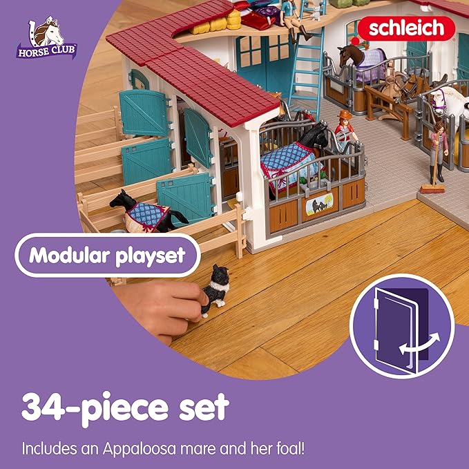 Schleich Horse Club — 34-Piece Stall Playset, Stable Play Set Extension with Mare and Foal Figurines, Toys for Girls & Boys Ages 5+ - Figurio