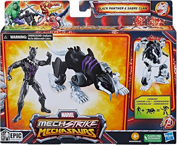 Marvel Mech Strike Mechasaurs, 4-Inch Black Panther with Sabre Claw Action Figures, Super Hero Toys for Kids Ages 4 and Up - Figurio