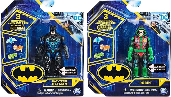 DC Comics Batman 4-inch Bat-Tech Batman and Robin Action Figures with 6 Mystery Accessories, for Kids Aged 3 and up, Amazon Exclusive - Figurio